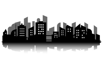 vector black silhouette of city skyline with reflection in water