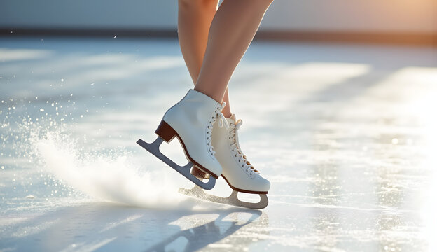 Close-up of figure skater's skates on ice, sunlight effect, graceful movement, artistic performance
