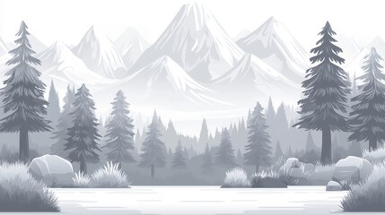 Elegant line art of mountain peaks and forest trees, realistic texture and shading on white