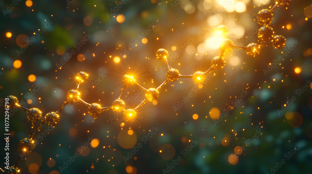 Poster a glowing molecular structure surrounded by shimmering particles and warm sunlight, evoking a sense 