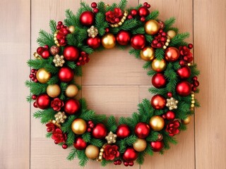 Christmas wreath. Holiday composition of fir branches, red and gold balls on wooden background