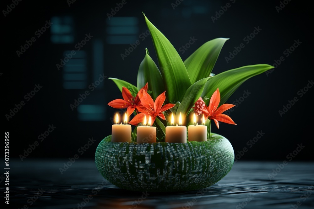 Poster high-tech floating krathong with led candles and digital flowers, set against a dark, digital backdr