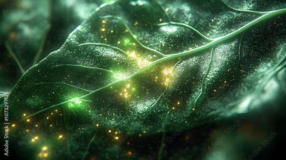 Poster a close-up of a leaf adorned with glowing particles, showcasing a vibrant interplay of green hues an