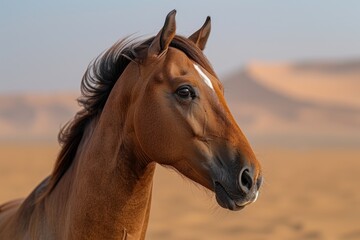 Obraz premium Elegant Arabian Horse in Profile Against Desert Background