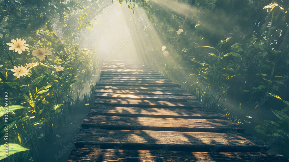 Poster A serene pathway through a lush forest, illuminated by gentle rays of sunlight, creating a tranquil and inviting atmosphere.