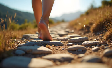 Barefoot person walking along a rocky path in nature, sunny day, peaceful exploration