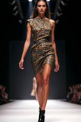 Model walking the runway in leopard print dress, high fashion show, confident strut

