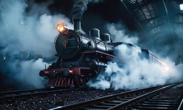 Vintage Steam Locomotive in a Mysterious Foggy Train Station at Night