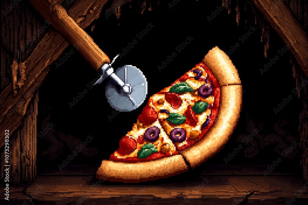 Poster pixel art of a pizza with vibrant toppings in 8-bit style, capturing a retro gaming feel