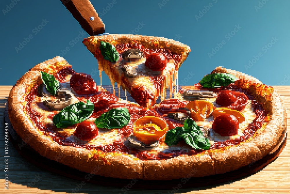 Poster pixel art of a pizza with vibrant toppings in 8-bit style, capturing a retro gaming feel