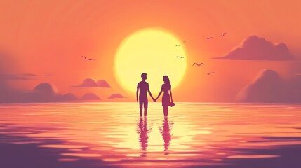 Fototapeta premium a 2D cartoon illustration of a couple holding hands at a romantic sunset, warm and loving, white background--ar 16:9