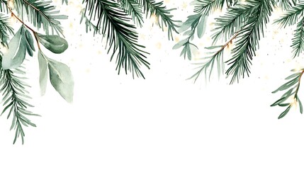 Fototapeta premium A decorative border of green pine and leaves on a white background, ideal for holiday themes.