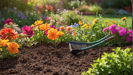 A vibrant garden scene with a small rake nestled among colorful flowers, capturing the essence of gardening.