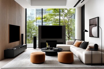 Realistic layout of a modern interior design living room with neutral colors and minimalistic furniture