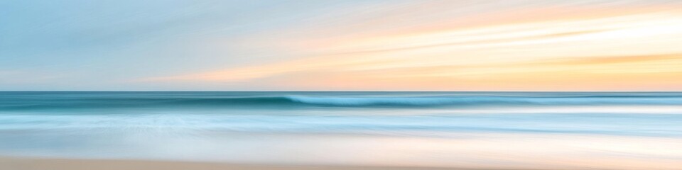 Obraz premium serene beach shoreline, dynamic flowing waves, cotton candy sky, golden sunrise, turquoise ocean water, pastel clouds formation, foam patterns on sand, long exposure seascape, dramatic seaside