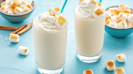 Two creamy beverages topped with whipped cream and toasted marshmallows, set against a light blue background, create a delightful dessert scene.