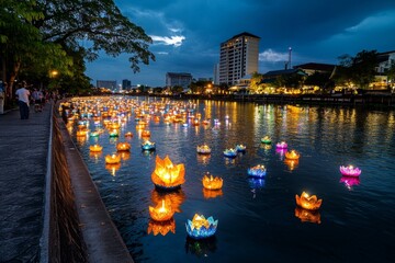 Reflection of hundreds of krathongs in water during the Loy Krathong festival, creating a magical illuminated scene