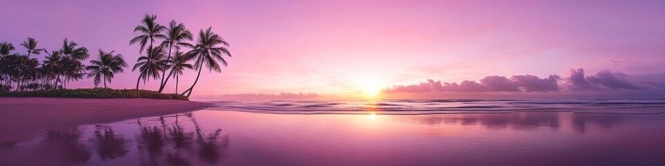 Naklejka premium tropical beach sunset, silhouetted palm trees, magenta sky, reflective wet sand, golden sun orb, dreamy coastal scenery, pink clouds formation, gentle ocean waves, paradise island photography,