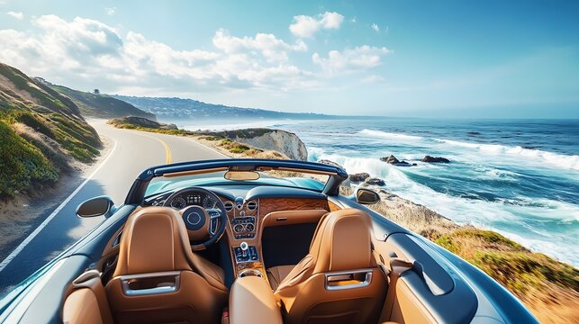 6. A luxury convertible with tan leather seats, polished wood interior, and a soft top down, driving along a coastal highway with the ocean waves crashing beside it