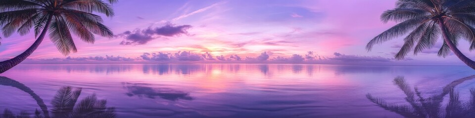 Naklejka premium beachfront paradise scene, violet sunset glow, majestic palm trees, soft wave patterns, golden sun rays, pastel colored clouds, mirror beach reflections, luxury tropical photography, dreamy seaside