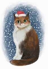 Cute hand drawn cat in santa hat with falling snow in the background