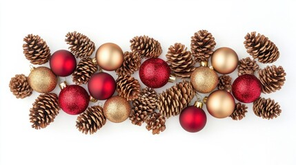 Christmas-themed flat lay with red and gold ornaments, pine cones, isolated on white