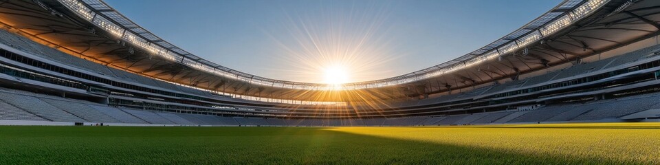 colossal sports stadium daybreak, radiant morning sky, perfectly maintained grass field, sweeping stadium architecture, stadium light towers, dramatic sunburst effect, professional venue photography