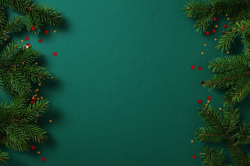 Christmas border with pine branches, red and gold confetti stars on a dark green background. Xmas...