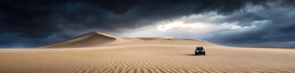 majestic desert expanse, rolling sand dunes, tiny vehicle for scale, dreamy desert light, rippled sand texture, dramatic overcast sky, epic landscape photography, wilderness adventure scene