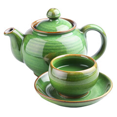 Green teapot cup and plate isolated on transparent background