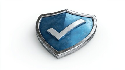 Blue and silver shield with checkmark, isolated on white background, symbolizing verified security
