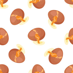 Cracked brown eggshells leaking yolk and egg white creating a seamless pattern on white background