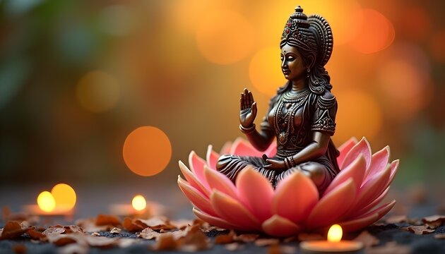 Goddess Lakshmi statue sitting on a lotus flower surrounded by lights with a colorful background
