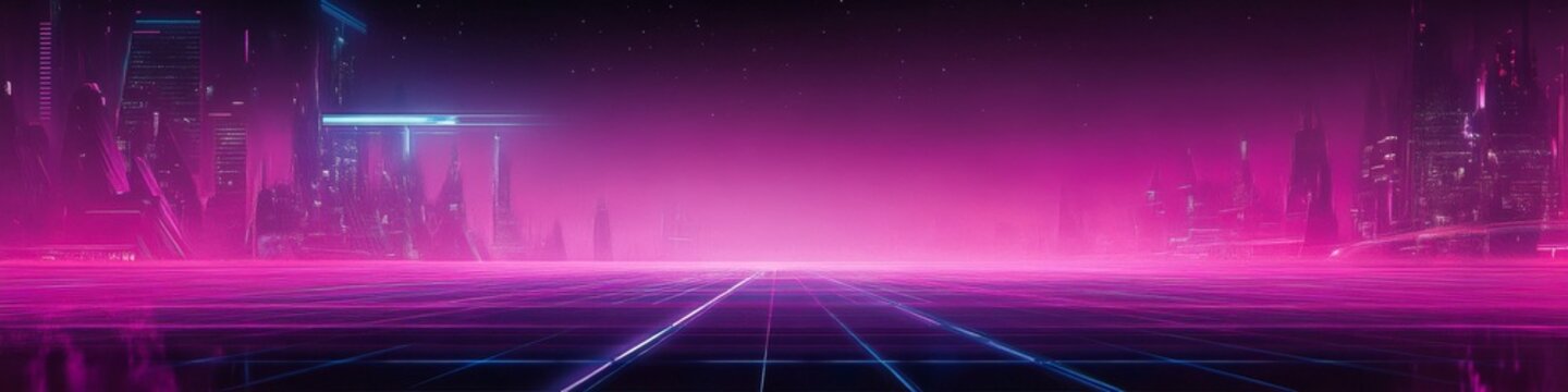 cyberpunk vista, magenta grid floor, radiant cyan skyline, starless night, outrun inspired, vector illustration