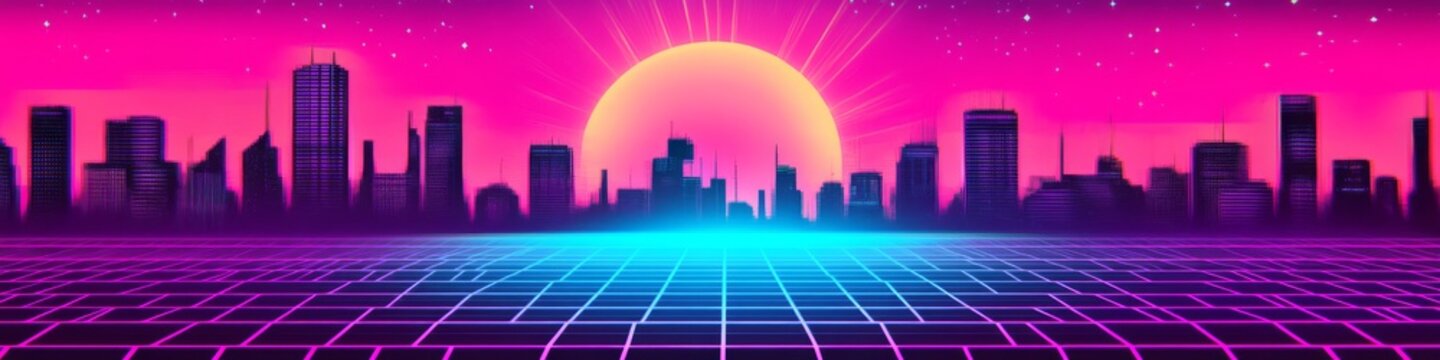 nostalgic 80s cityscape, fuchsia geometric plane, cerulean light burst, twilight atmosphere, synthpop album cover style, computer graphics