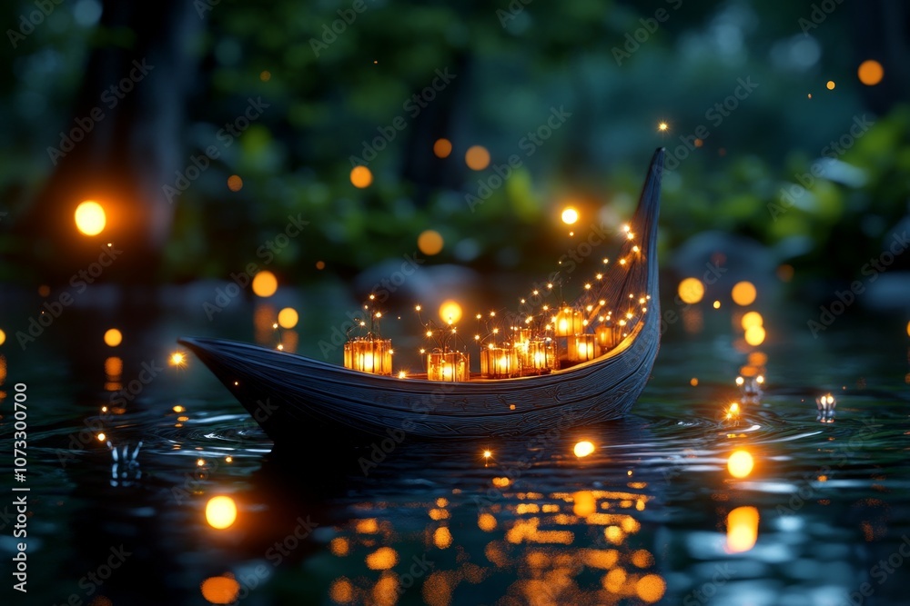 Aufkleber Whimsical krathong with sparkling fairy lights and tiny floating lanterns around it, set in an enchanted forest