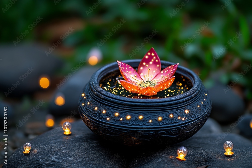 Poster Whimsical krathong with sparkling fairy lights and tiny floating lanterns around it, set in an enchanted forest