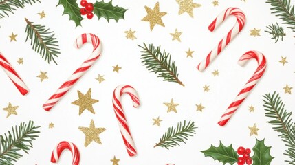Festive flat lay of candy canes, holly, and gold stars, Christmas theme on white background