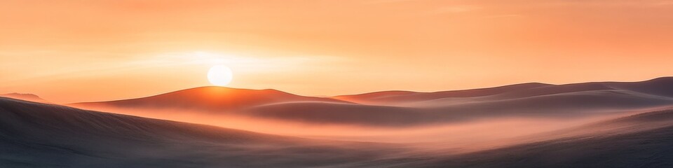 Obraz premium dawn breaking over barren wasteland, rolling sandy hills, intense orange sky, sun peeking between dunes, desolate beauty, cinematic composition