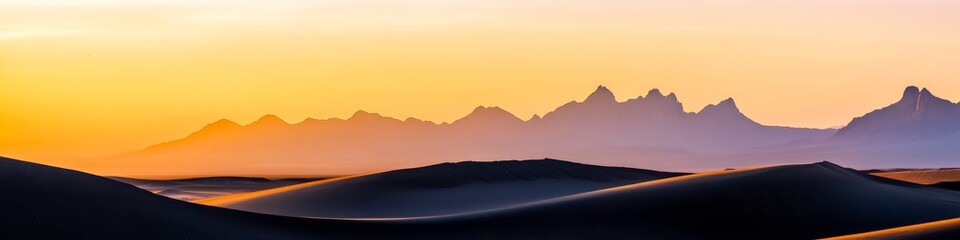 scorching desert panorama, sun-kissed sand waves, vibrant tangerine sky, distant silhouetted peaks, tranquil emptiness, high-resolution photograph