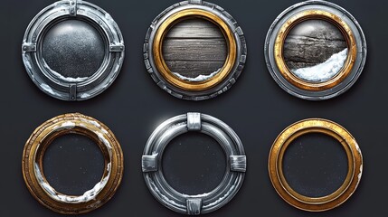 A collection of rounded UI game frames designed with textured circles. 