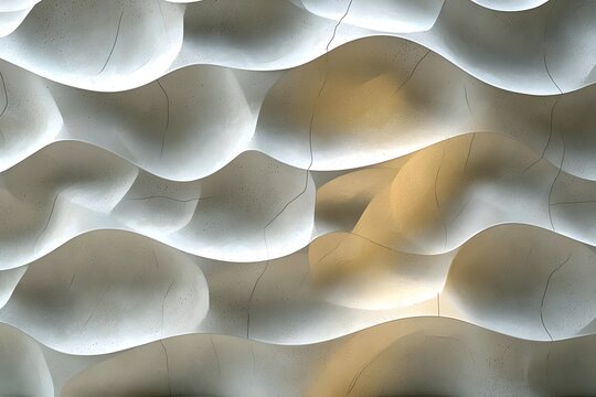 Abstract texture of a wavy wall design, featuring smooth curves in soft neutral tones and subtle lighting that creates an ethereal atmosphere.