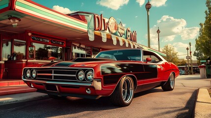 2. A vintage muscle car with bold red and black stripes, polished chrome rims, and large exhaust pipes, parked in front of a retro diner on a sunny afternoon