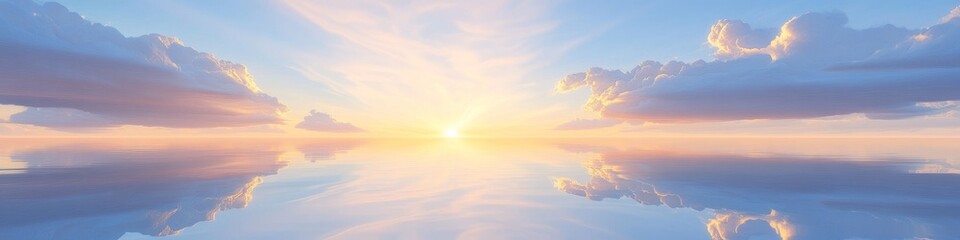 peaceful lakeside vista, celestial sky mirrored below, wispy cloud patterns, golden sunlight peeking through, minimalist shoreline, hyper-realistic digital painting