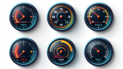 Image shows 6 speedometer-like gauges with varied scales and needle positions, possibly for different vehicles.