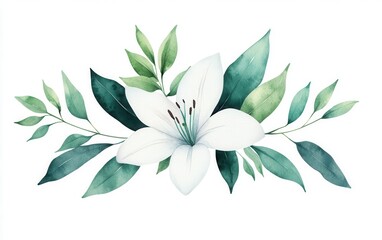 A beautiful watercolor illustration of a white lily surrounded by lush green leaves, perfect for floral designs and nature themes.