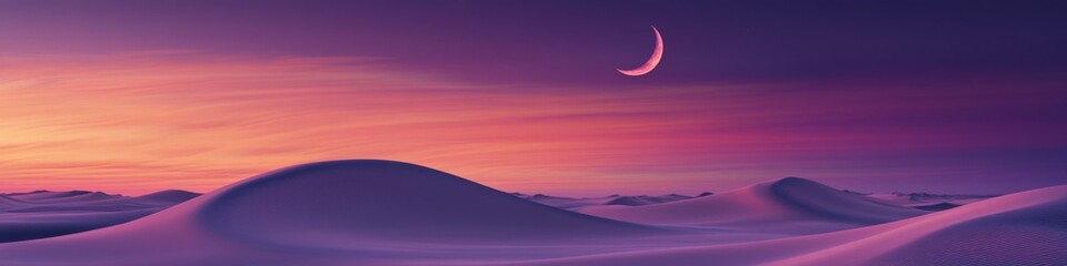 ethereal desert nightfall, sweeping crimson dunes, thin crescent moon, stratified sunset hues, vast arid landscape, photorealistic rendering