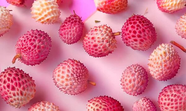 Fresh lychees falling from above on a light pink background