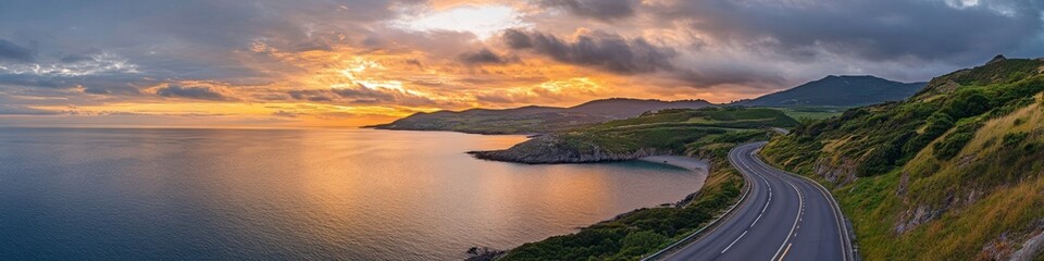 seaside road trip scene, winding dual carriageway, dramatic sunset clouds, verdant roadside vegetation, shimmering water, panoramic landscape photography