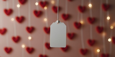 A tag hangs from a string in front of a wall of red hearts. The tag is white and has a black tag